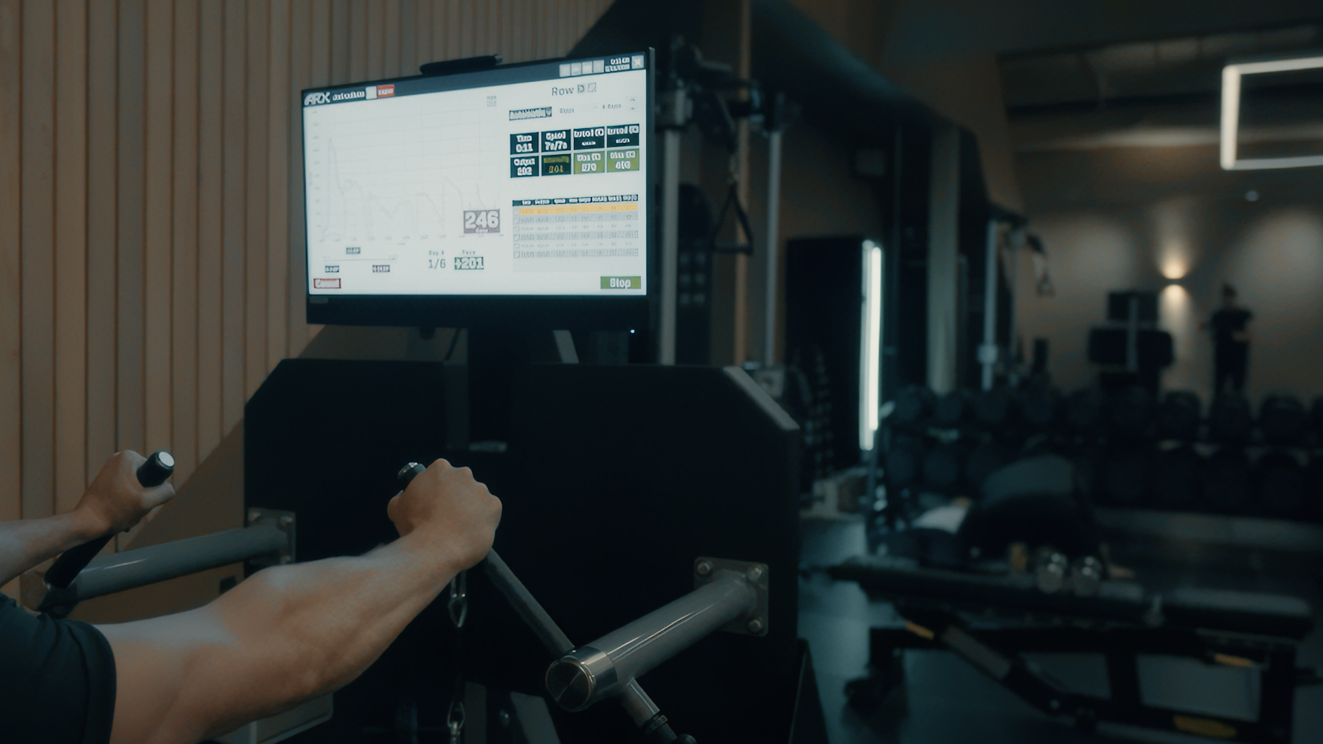 Data-tracked strength training equipment inside Age Back Co.'s Stockholm gym